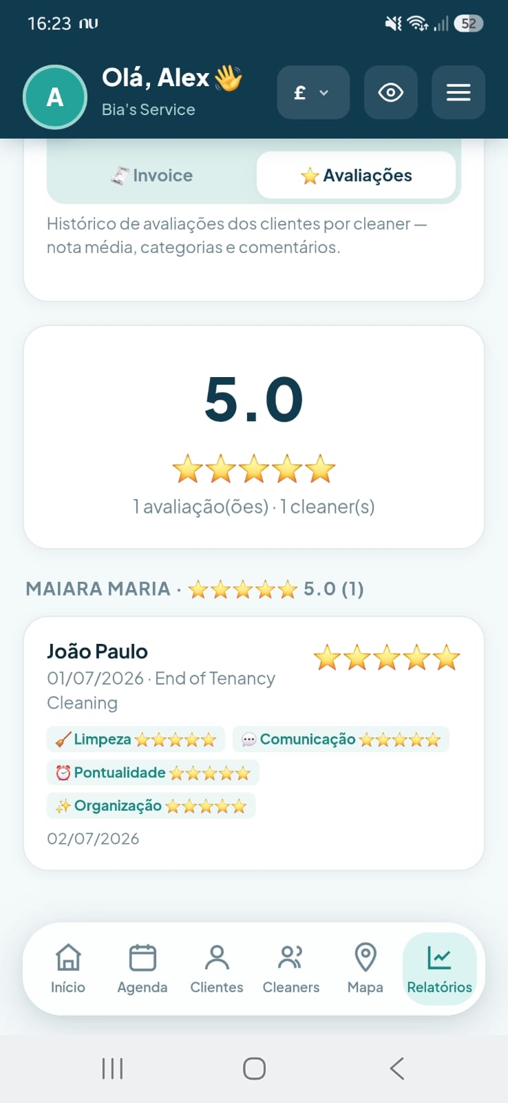 Print da tela de avaliações de cleaners no Bia's Service