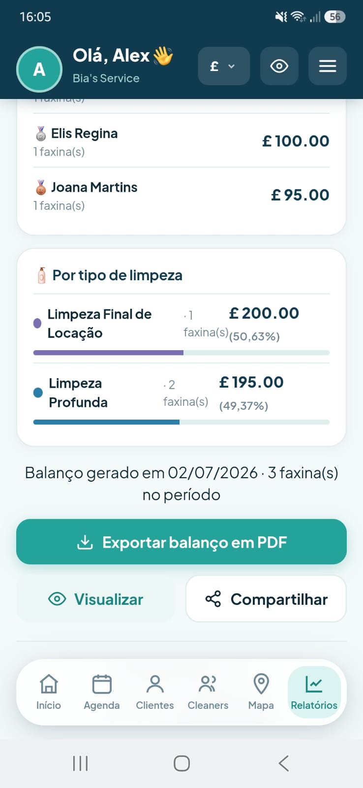 Print do balanço financeiro do Bia's Service