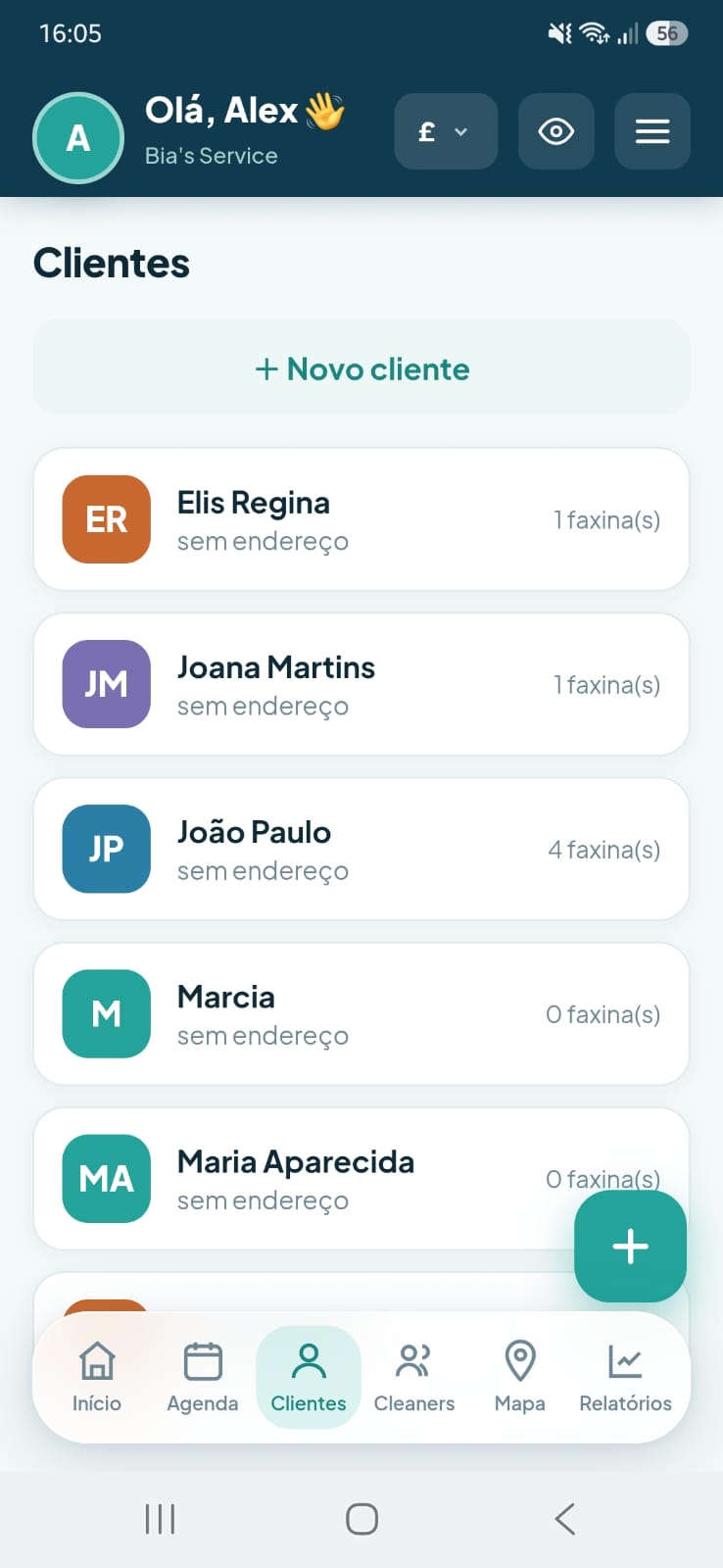 Print da lista de clientes do Bia's Service